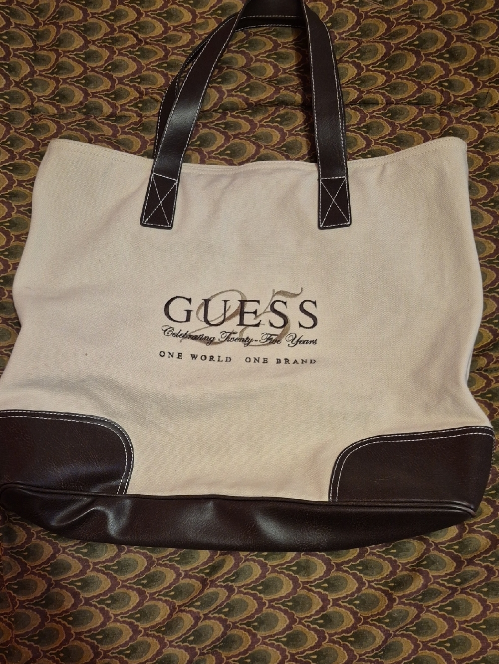 GUESS Beige Canvas Tote with Dark Brown Leather Trim